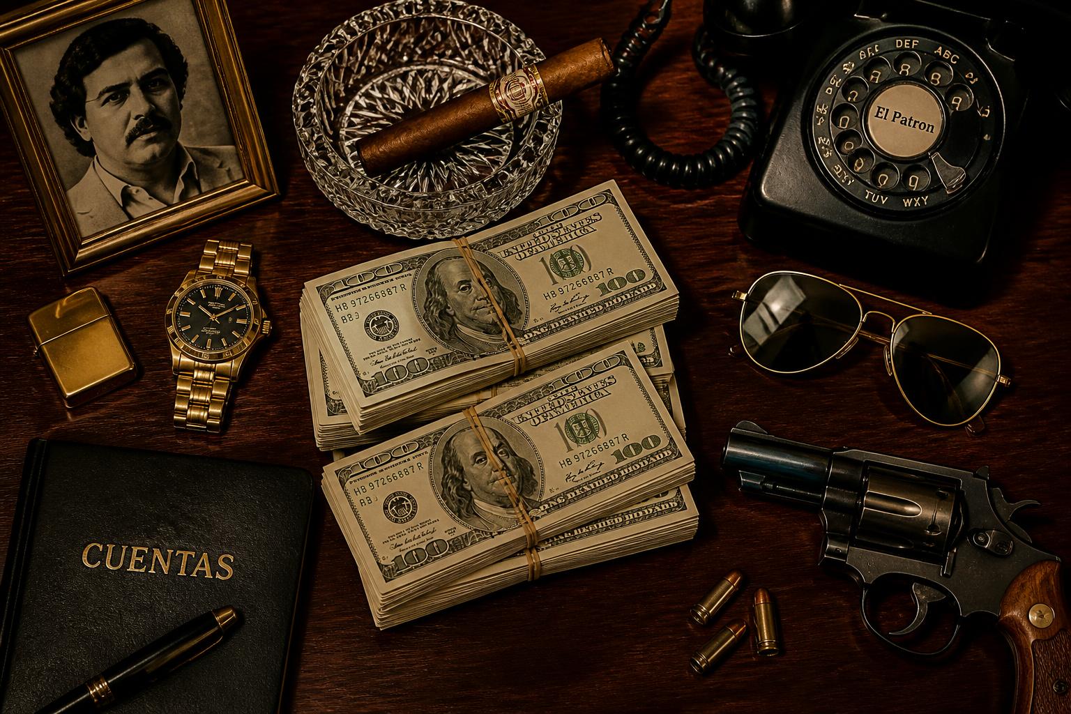 Kartel patronunun masası · dolar, saat, silah, telefon